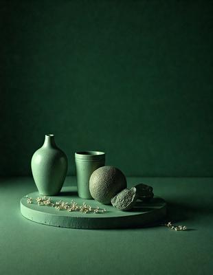 The primary subject of the image is a green vase, which is placed on a green table. The setting is a dark room, and the visual style appears to be a photo. The dominant colors in the image are green, and the overall atmosphere is calm and serene.